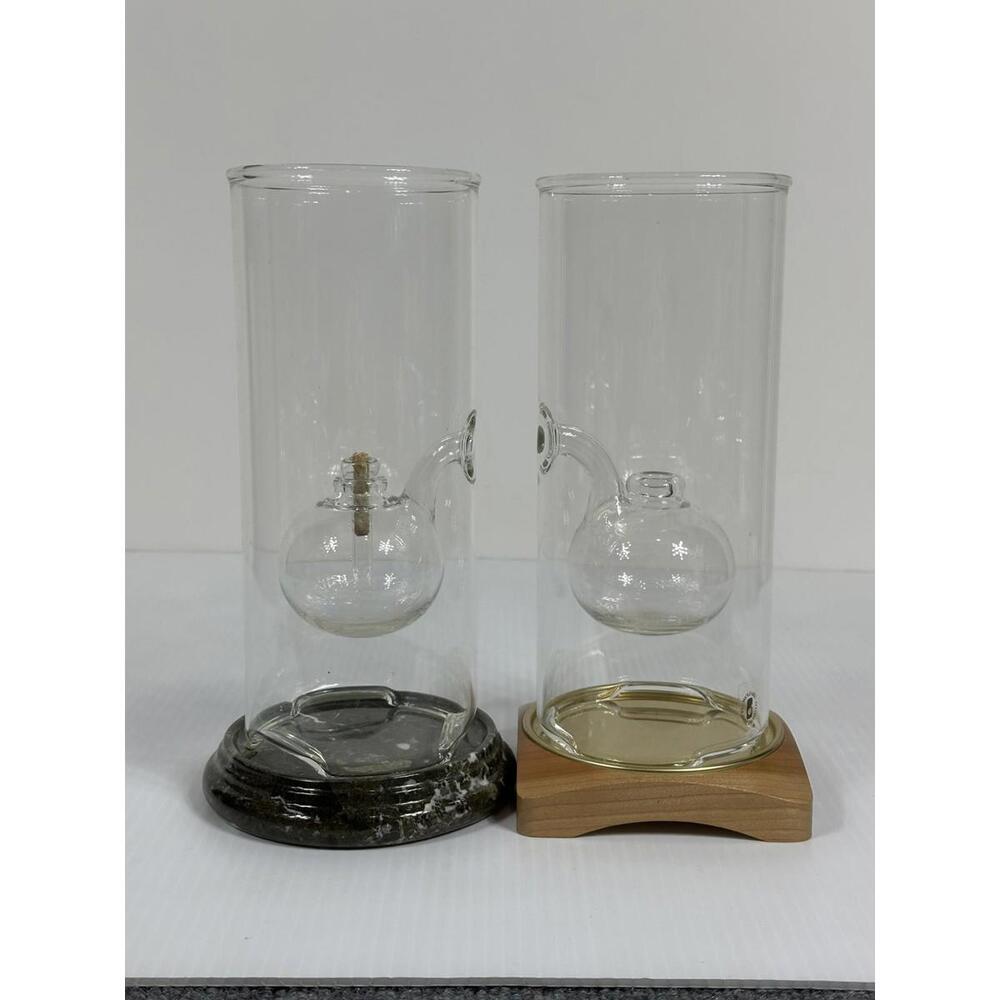 Pair Wolfard 9” Classic‎ Glass Oil Lamps 1 Marble Stand 1 Wood Stand Medium 9"